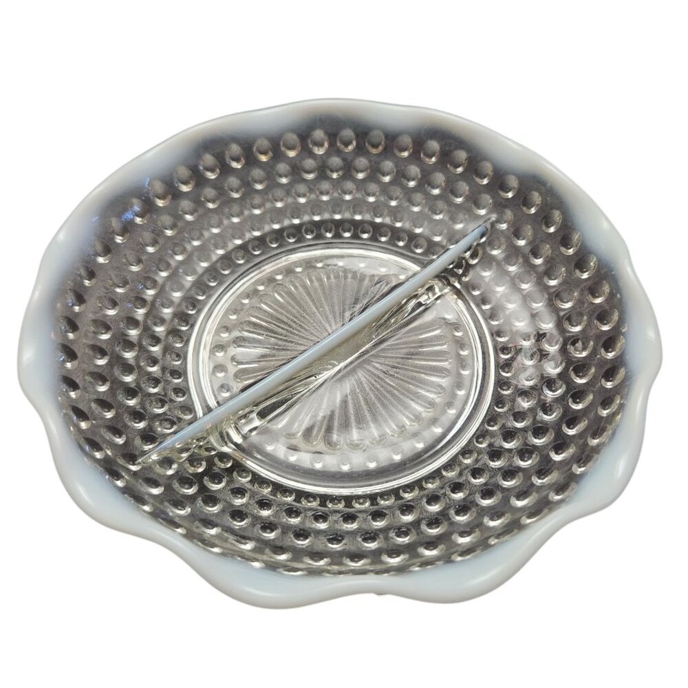 Vintage Anchor Hocking Moonstone Hobnail 8" 2-Section Candy Dish Opalescent